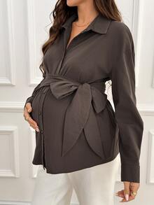 SHEIN Maternity Casual Solid Color Tie-Front Shirt, Autumn Fall - Brown - View 5
