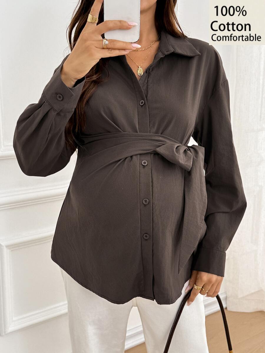 SHEIN Maternity Casual Solid Color Tie-Front Shirt, Autumn Fall - Brown - View 1