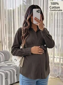 SHEIN Maternity Casual Solid Color Tie-Front Shirt, Autumn Fall - Brown - View 2