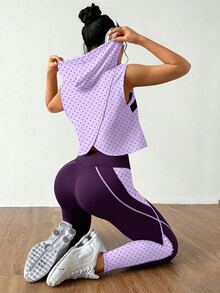 SHEIN Core Rhythm Women's Polka Dot Print Cropped Tank Top And Striped Fitted Long Pants With Pocket Hooded Vest Sportswear Set - Multicolor - View 4