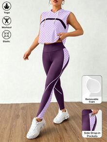 SHEIN Core Rhythm Women's Polka Dot Print Cropped Tank Top And Striped Fitted Long Pants With Pocket Hooded Vest Sportswear Set - Multicolor - View 2