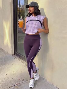 SHEIN Core Rhythm Women's Polka Dot Print Cropped Tank Top And Striped Fitted Long Pants With Pocket Hooded Vest Sportswear Set - Multicolor - View 1
