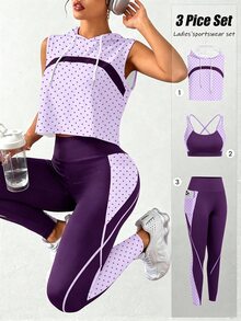 SHEIN Core Rhythm Women's Polka Dot Print Cropped Tank Top And Striped Fitted Long Pants With Pocket Hooded Vest Sportswear Set - Multicolor - View 3