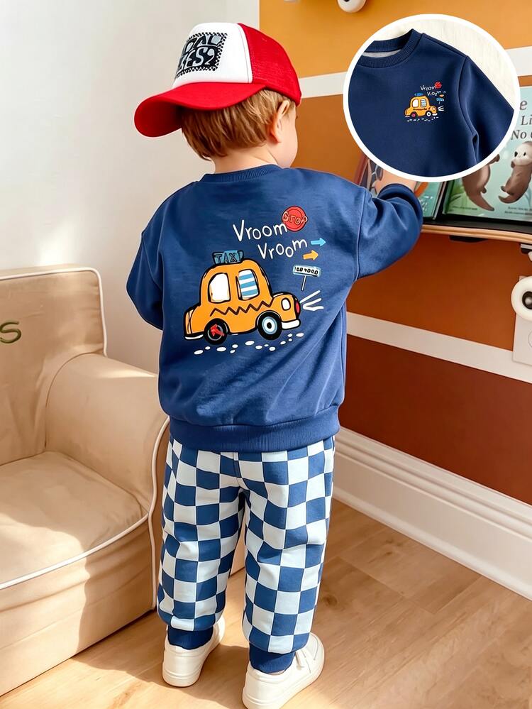 Young Boys Car Graphic Checkerboard Crewneck Fleece Sweatshirt And Sweatpants 2 Pieces Fall Outfit Set - Multicolor - View 1
