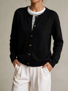 SHEIN Tall Women's Tall Black Minimalist & Versatile Casual Cardigan Sweater - Black - View 7