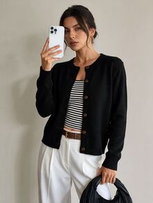 SHEIN Tall Women's Tall Black Minimalist & Versatile Casual Cardigan Sweater - Black - View 6