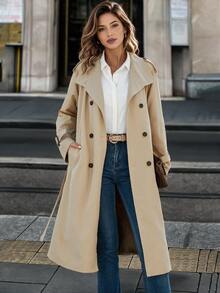 Editum Mantel Trench Wanita Elegan dengan Kerah Tinggi, Kancing, Lengan Panjang, dan Saku - Khaki - View 6