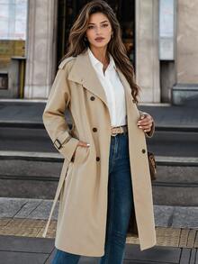 Editum Mantel Trench Wanita Elegan dengan Kerah Tinggi, Kancing, Lengan Panjang, dan Saku - Khaki - View 7