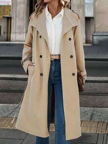 Editum Mantel Trench Wanita Elegan dengan Kerah Tinggi, Kancing, Lengan Panjang, dan Saku - Khaki - View 5