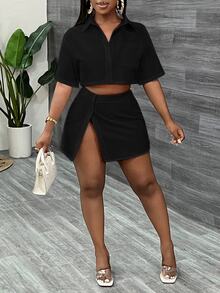 Slaydiva ملابس علوية قصيرة الأكمام وتنورة قصيرة مفتوقة الحافة مجموعة قطعتين للنساء للعطلات والأوقات العادية - الأسود - مشاهدة 6