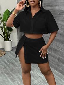Slaydiva ملابس علوية قصيرة الأكمام وتنورة قصيرة مفتوقة الحافة مجموعة قطعتين للنساء للعطلات والأوقات العادية - الأسود - مشاهدة 5