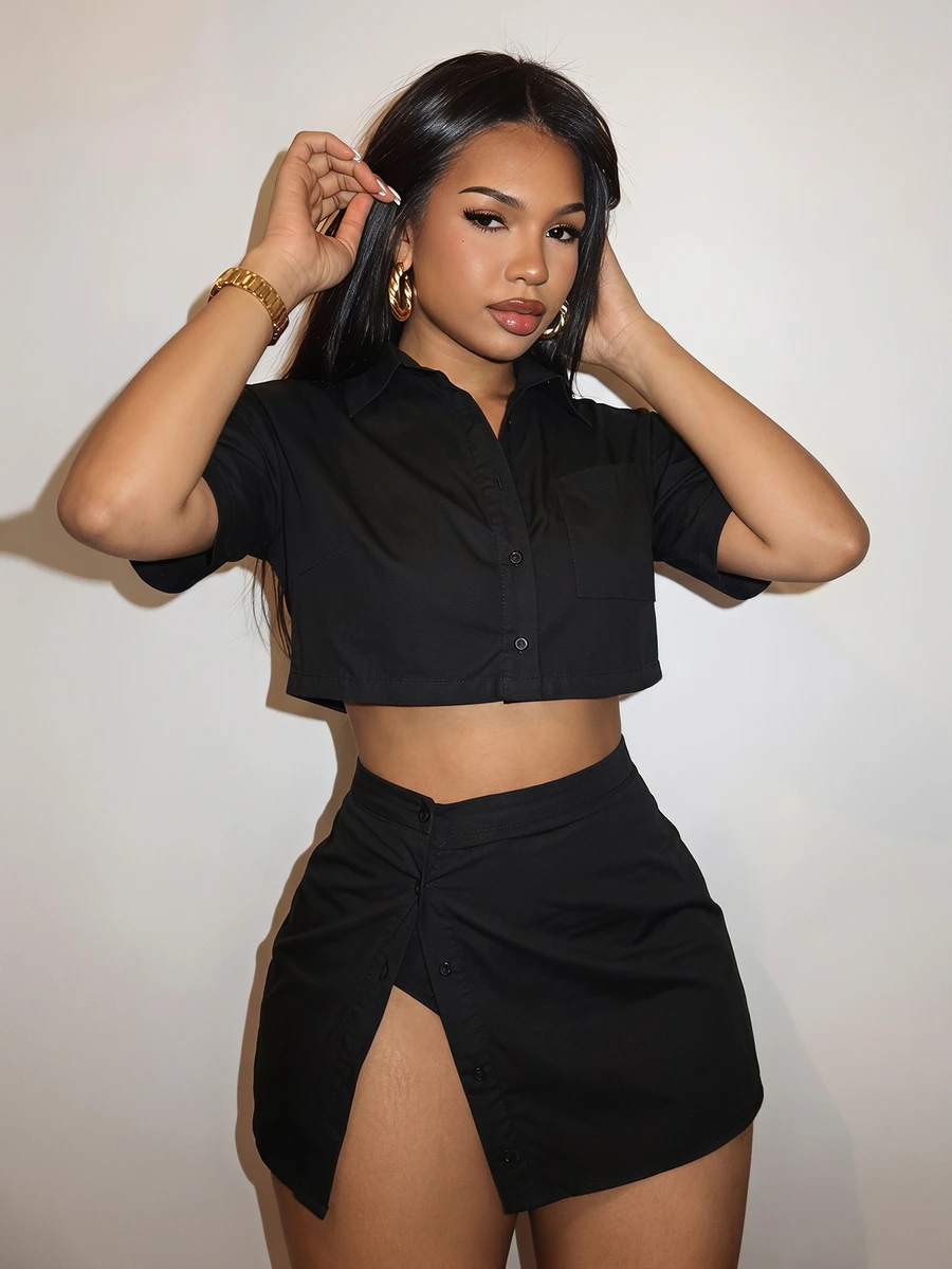 Slaydiva ملابس علوية قصيرة الأكمام وتنورة قصيرة مفتوقة الحافة مجموعة قطعتين للنساء للعطلات والأوقات العادية