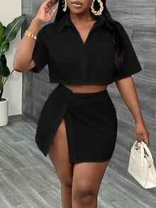 Slaydiva ملابس علوية قصيرة الأكمام وتنورة قصيرة مفتوقة الحافة مجموعة قطعتين للنساء للعطلات والأوقات العادية - الأسود - مشاهدة 8