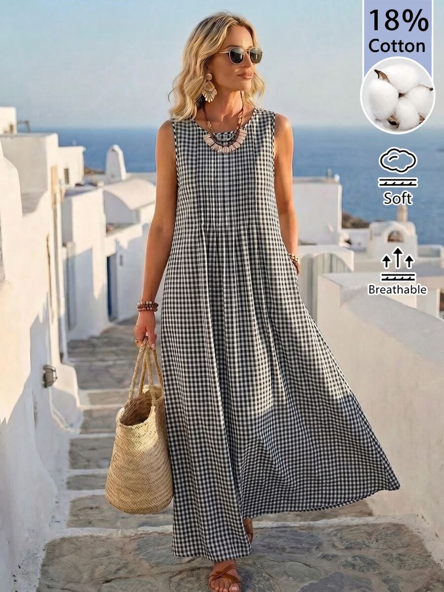 SHEIN LUNE Women's Plaid Fashion Minimalist Boho Casual Pleated Round Neck Dress For Daily Wear Vacation Black And White Plaid Summer - Multicolor - View 1