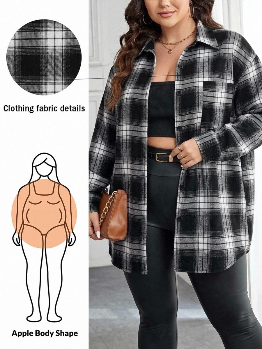 Shapeblank 感恩節教師節休閒格紋印花大尺碼女款秋冬寬鬆長袖襯衫,聖誕節、萬聖節 - 黑色 - 查看 1