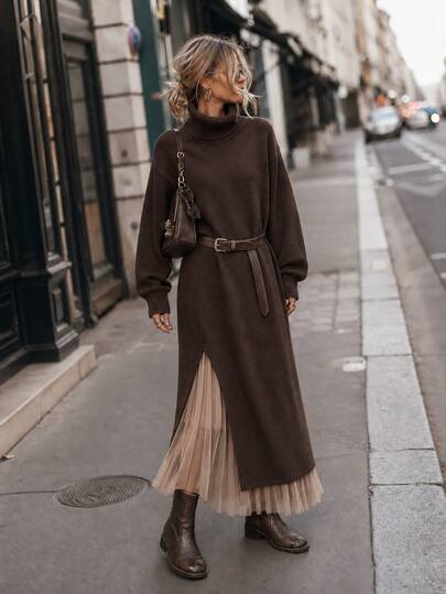 Elafinee New Women's Slouchy High Neck Long Straight Side Slit Solid Coffee Color Elegant Minimalist Commute Drape Knit Sweater Dress, Suitable For Daily Casual/Daily Commute/Outing Date/Indoor Outdoor/Halloween Christmas/Date Atmosphere Outfit High Neck Long Straight Side Slit Sweater Dress