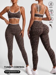 Slayform Leopard Print Seamless Fitted Sports Set - Brown - View 1