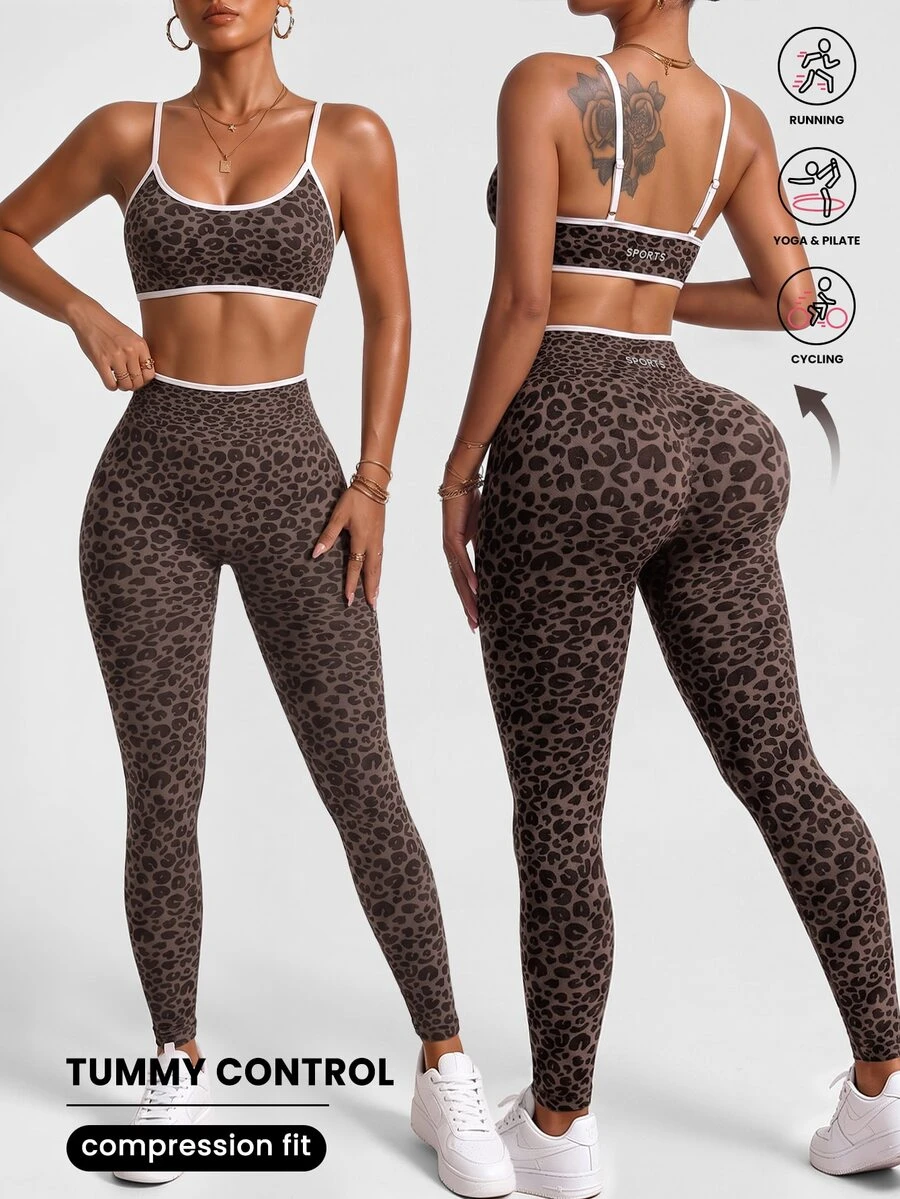 Slayform Leopard Print Seamless Fitted Sports Set - Brown - View 1