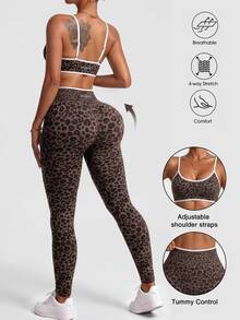 Slayform Leopard Print Seamless Fitted Sports Set - Brown - View 2