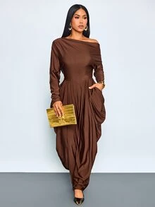 SOLERSUN Elegant Women's Asymmetrical Shoulder Design Jumpsuit, Old Money Style, Fall/ Long Sleeve Long Pants Thanksgiving Going Out Dinner Party Coffee Brown - Coffee Brown - View 4