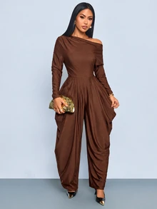 SOLERSUN Elegant Women's Asymmetrical Shoulder Design Jumpsuit, Old Money Style, Fall/ Long Sleeve Long Pants Thanksgiving Going Out Dinner Party Coffee Brown - Coffee Brown - View 7