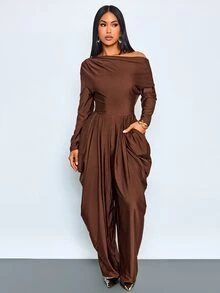SOLERSUN Elegant Women's Asymmetrical Shoulder Design Jumpsuit, Old Money Style, Fall/ Long Sleeve Long Pants Thanksgiving Going Out Dinner Party Coffee Brown - Coffee Brown - View 5