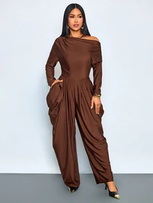 SOLERSUN Elegant Women's Asymmetrical Shoulder Design Jumpsuit, Old Money Style, Fall/ Long Sleeve Long Pants Thanksgiving Going Out Dinner Party Coffee Brown - Coffee Brown - View 8