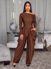 SOLERSUN Elegant Women's Asymmetrical Shoulder Design Jumpsuit, Old Money Style, Fall/ Long Sleeve Long Pants Thanksgiving Going Out Dinner Party Coffee Brown - Coffee Brown - View 9