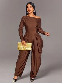 SOLERSUN Elegant Women's Asymmetrical Shoulder Design Jumpsuit, Old Money Style, Fall/ Long Sleeve Long Pants Thanksgiving Going Out Dinner Party Coffee Brown - Coffee Brown - View 6