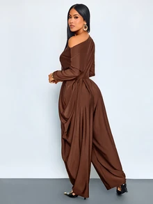 SOLERSUN Elegant Women's Asymmetrical Shoulder Design Jumpsuit, Old Money Style, Fall/ Long Sleeve Long Pants Thanksgiving Going Out Dinner Party Coffee Brown - Coffee Brown - View 3