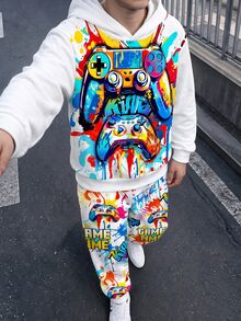 Tween Boy Casual Minimalist Long Sleeve Hooded Comfortable Sweatshirt 2 Pieces Set, Suitable For Autumn/Winter, Classic Cool Graffiti Graphic Print, Classic Game Controller Graphic Print, Classic Game Time Text Graphic Print - Multicolor - View 2