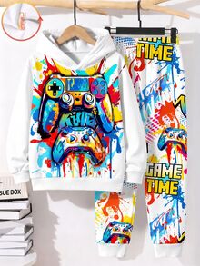 Tween Boy Casual Minimalist Long Sleeve Hooded Comfortable Sweatshirt 2 Pieces Set, Suitable For Autumn/Winter, Classic Cool Graffiti Graphic Print, Classic Game Controller Graphic Print, Classic Game Time Text Graphic Print - Multicolor - View 3