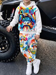 Tween Boy Casual Minimalist Long Sleeve Hooded Comfortable Sweatshirt 2 Pieces Set, Suitable For Autumn/Winter, Classic Cool Graffiti Graphic Print, Classic Game Controller Graphic Print, Classic Game Time Text Graphic Print - Multicolor - View 1