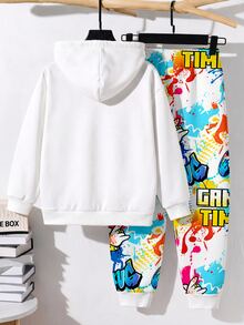 Tween Boy Casual Minimalist Long Sleeve Hooded Comfortable Sweatshirt 2 Pieces Set, Suitable For Autumn/Winter, Classic Cool Graffiti Graphic Print, Classic Game Controller Graphic Print, Classic Game Time Text Graphic Print - Multicolor - View 4
