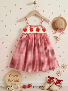 Cozy Pixies Young Girls Sleeveless Strawberry Crochet Waist A-Line Dress,Cute Countryside Style,Suitable For Baby Spring/Summer Outings,Picnics,Vacations - Red - View 8