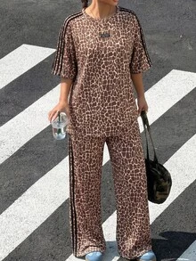 SHEIN EZwear Plus Size Women's All-Over Print Colorblock Top And Pants Casual Everyday 2 Pieces Set Vacation Cycling Beige Summer - Multicolor - View 8