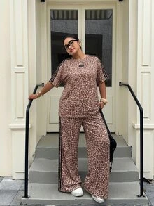 SHEIN EZwear Plus Size Women's All-Over Print Colorblock Top And Pants Casual Everyday 2 Pieces Set Vacation Cycling Beige Summer - Multicolor - View 6