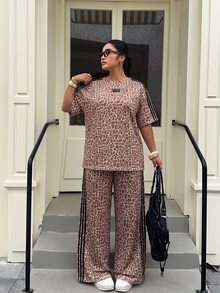 SHEIN EZwear Plus Size Women's All-Over Print Colorblock Top And Pants Casual Everyday 2 Pieces Set Vacation Cycling Beige Summer - Multicolor - View 5