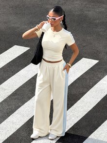 Muchica 女士条纹圆领短袖T恤和裤子休闲两件套 - 淡黃色 - 查看 3