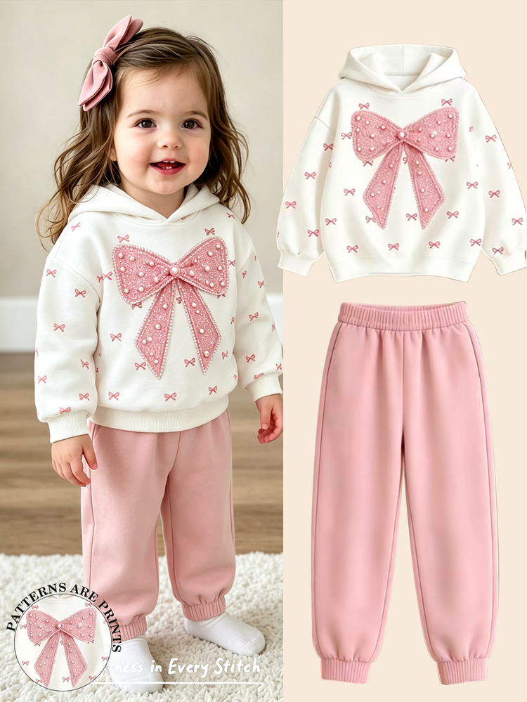 Baby Girl 2pcs Set Casual Fashion Spring Autumn Winter Hooded Sweatshirt And Sweatpants Outfit, Sweet Bow Pattern, Outing Set, Soft Fabric, Fashion Wide Leg Pants Style, Spring Autumn Winter Little Girl Clothing Set, Girls' Sportswear Outfit - Pink - View 3