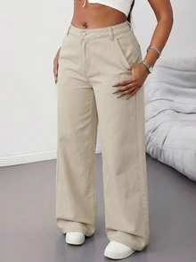 SHEIN Tall CURVE Plus Size Casual Versatile Wide Leg Jeans Fall - Khaki - View 9