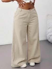 SHEIN Tall CURVE Plus Size Casual Versatile Wide Leg Jeans Fall - Khaki - View 5