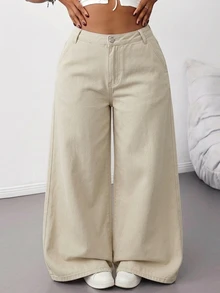 SHEIN Tall CURVE Plus Size Casual Versatile Wide Leg Jeans Fall - Khaki - View 6
