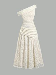 SHEIN Kids Tween Girls Ivory Lace Ruched Shoulder Elegant Sleeveless Long Dress,Double-Sided Party Dress - Apricot - View 2