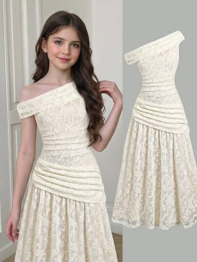 SHEIN Kids Tween Girls Ivory Lace Ruched Shoulder Elegant Sleeveless Long Dress,Double-Sided Party Dress
