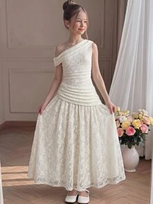 SHEIN Kids Tween Girls Ivory Lace Ruched Shoulder Elegant Sleeveless Long Dress,Double-Sided Party Dress - Apricot - View 1