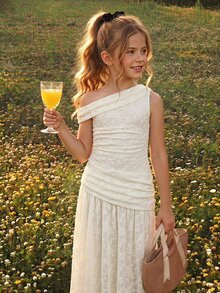 SHEIN Kids Tween Girls Ivory Lace Ruched Shoulder Elegant Sleeveless Long Dress,Double-Sided Party Dress - Apricot - View 9