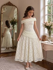 SHEIN Kids Tween Girls Ivory Lace Ruched Shoulder Elegant Sleeveless Long Dress,Double-Sided Party Dress - Apricot - View 10