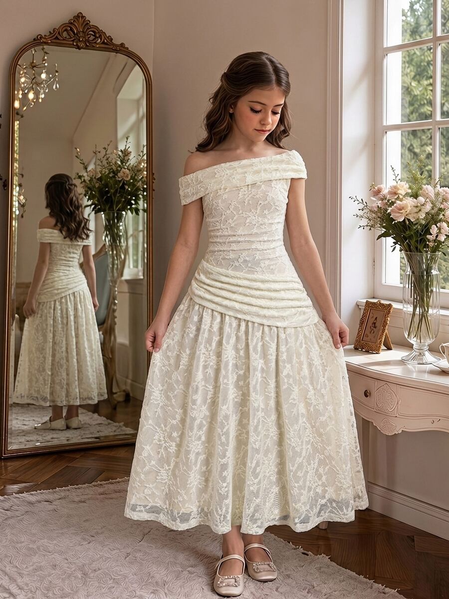 SHEIN Kids Tween Girls Ivory Lace Ruched Shoulder Elegant Sleeveless Long Dress,Double-Sided Party Dress - Apricot - View 1