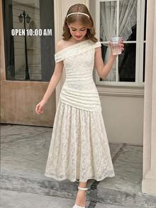 SHEIN Kids Tween Girls Ivory Lace Ruched Shoulder Elegant Sleeveless Long Dress,Double-Sided Party Dress - Apricot - View 11